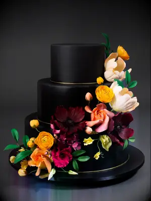 Three-tier black wedding cake with fresh flowers. 