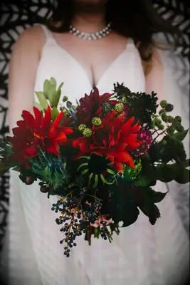 Bride holds a wintery bouquet of red dahlias and greenery. 