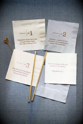 affordable wedding decor idea custom cocktail napkins with fun facts