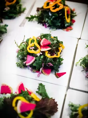 Spring salad with watermelon radishes and yellow bell pepper