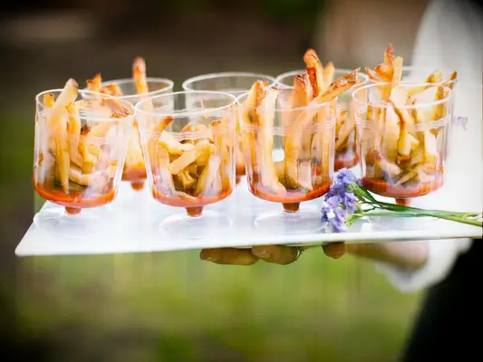 French fries and ketchup in cute vintage-inspired glasses