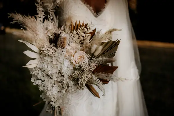 boho fall wedding bouquet with dried flowers and pampas grass
