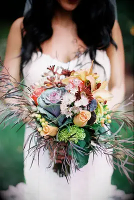 unique fall wedding bouquet with ornamental kale