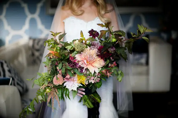 unique fall wedding bouquet with cafe au lait dahlias