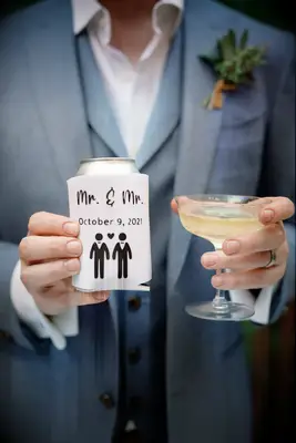 A fun, personalized beer koozie wedding favor.