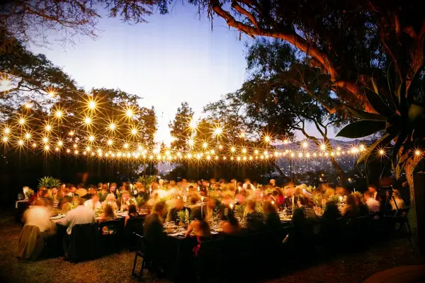 Art deco twinkle lights light up this outdoor reception space.