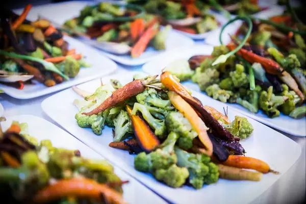 Pre-Plated Roasted Summer Vegetables wedding buffet idea