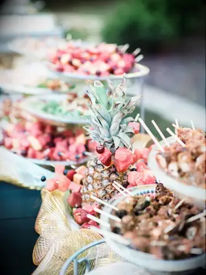 Meatball and fruit kebabs wedding buffet idea