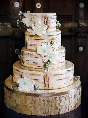 rustic wedding cake with faux bois wooden design 
