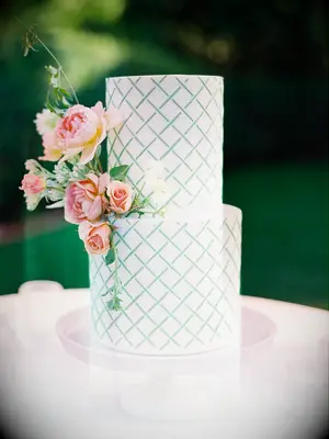 two tier wedding cake with green lattice painted design 