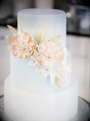 blue marbled wedding cake with pink sugar flowers decorated with iridescent petal dust