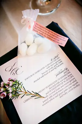 Small bag of sugared almonds given as a favor to the wedding guests. 