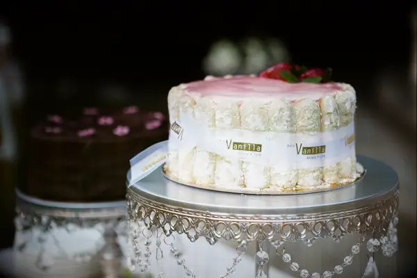 Lady finger cake on a dessert table. 