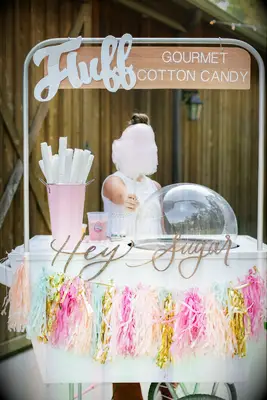 Child holds a stick of cotton candy at a dessert station. 