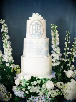 Three-Tier, White-and-Blue, Chinoiserie Themed Wedding Cake With Logo
