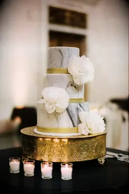 Modern Marbleized Wedding Cake with White Peonies and Gilded Cake Stand