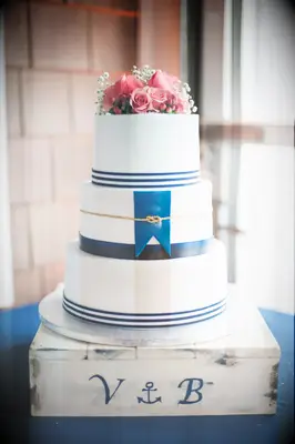 Nautical Navy, White and Coral Cake with Monogrammed Cake Stand