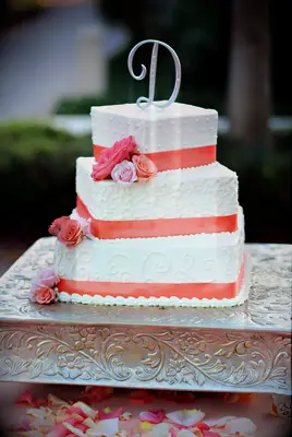 Three-tiered Square Wedding Cake with Coral Accents
