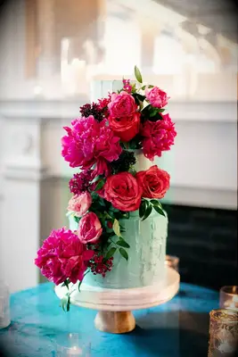 Blue Wedding Cake Decorated With Pink Peonies