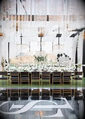 Glam black and white wedding reception decor