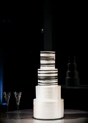 Black and white striped wedding cake