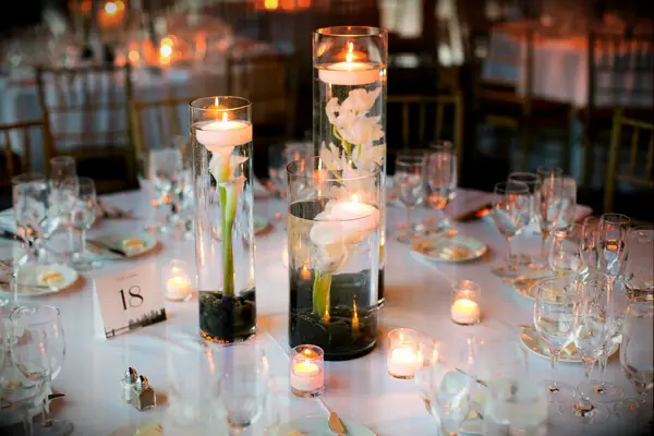 Black and white floating candle wedding centerpieces