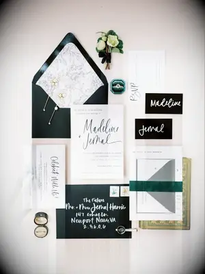 black-and-white wedding invitation suite with calligraphy