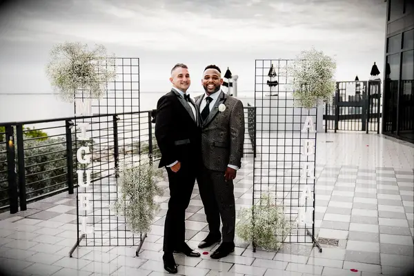 Personalized black and white altar at wedding