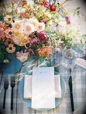 rustic place setting with plaid table cloth