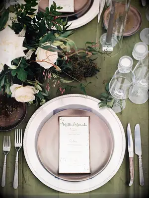 rustic green-and-gray wedding place setting