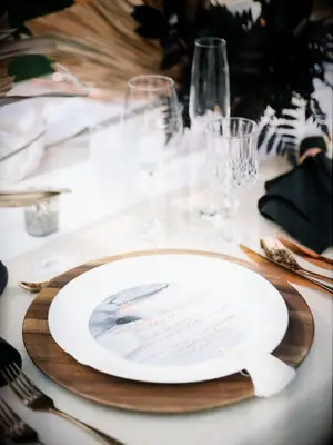 modern place setting with marble-inspired menu card