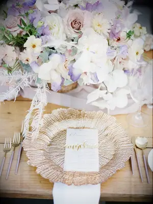 gold-and-purple place setting