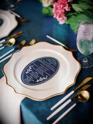 classic white-and-blue wedding place setting