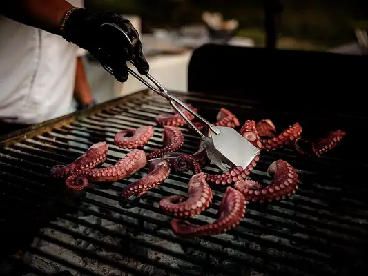 Grilled octopus at outdoor summer wedding reception