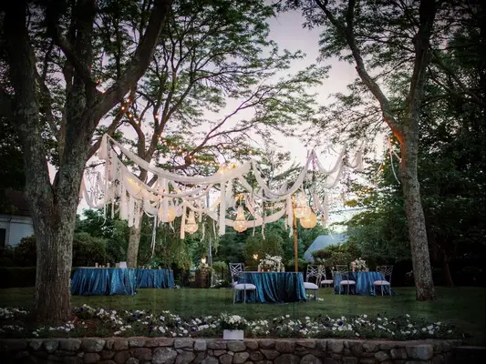 White drapes hanging from trees at backyard summer wedding