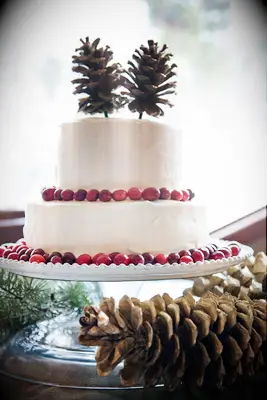 Pine cones used as cake toppers on a white wedding cake.
