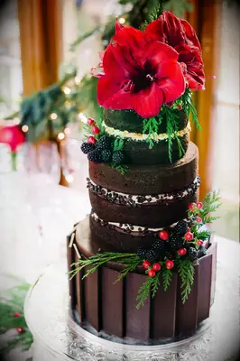 Amaryllis on chocolate wedding cake. 
