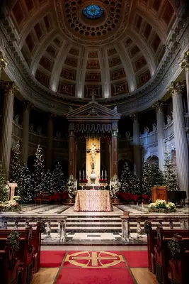 Christmas trees as backdrop at a church wedding venue. 