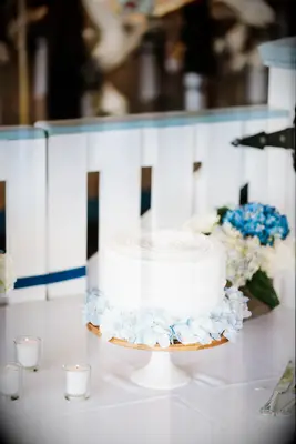 one tier buttercream wedding cake decorated with a circle of light blue hydrangeas