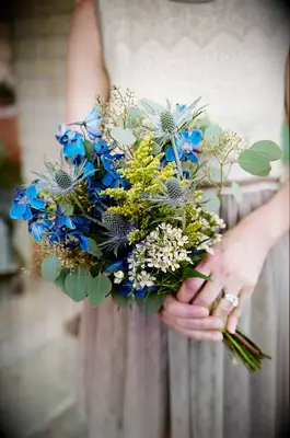 rustic blue wedding bouquet with delphinium, thistle and eucalyptus