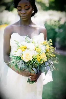 Bright yellow and white bouquet with eucalyptus