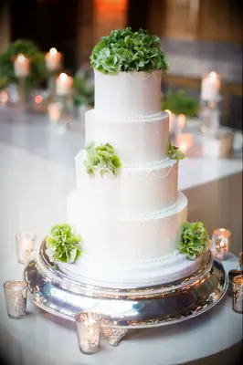 Round Wedding Cake With Green Hydrangeas