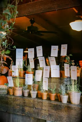 Potted Herbs and Plants as Seating Chart for Boho-Chic, Rustic Farm Wedding Reception