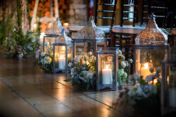 Silver Lanterns with Ivory Pillar Candles