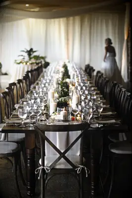Long Rustic Farm Tables barn wedding idea