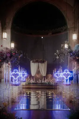 Neon Lights and a Mirrored Aisle Decorate This Unique Wedding Ceremony