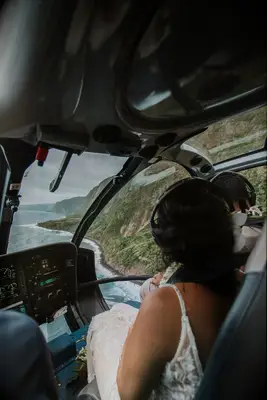 Couple on Helicopter Ride for Elopement in Hawaii