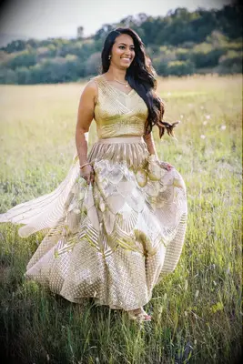 Bride in Gold Lehenga in Open Field in Aspen, Colorado