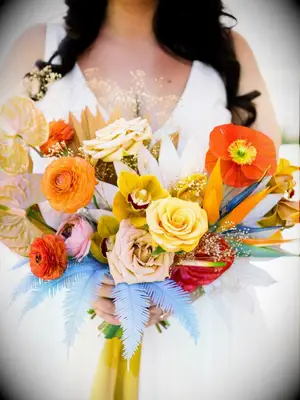 Orange bouquet with blue accents