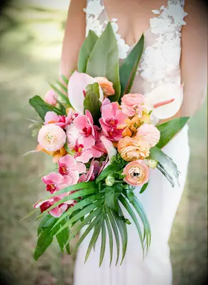 tropical bouquet with pink orchids